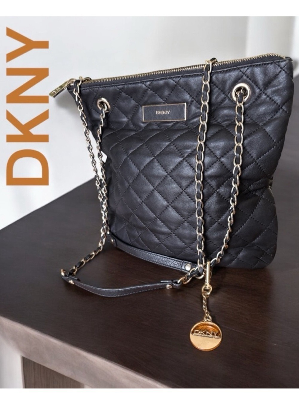 DKNY-Black Quilted Leather “Nappa” Shoulder/Crossbody Bag Double Gold Chain EUC!